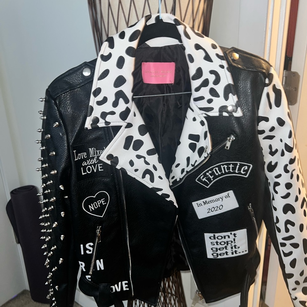 Black and White Leather Jacket with Studded Sleeves